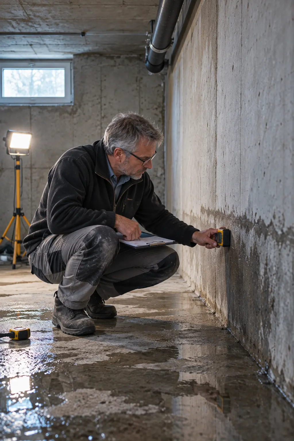 Sachverständiger misst die Feuchtigkeit an einer Kellerwand, auf dem Boden steht Wasser