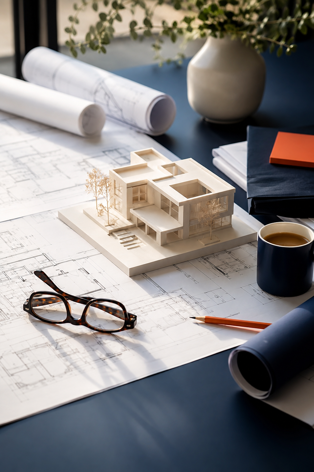 Architekturmodell, Brille und Kaffeetasse auf detaillierten Grundrissplänen