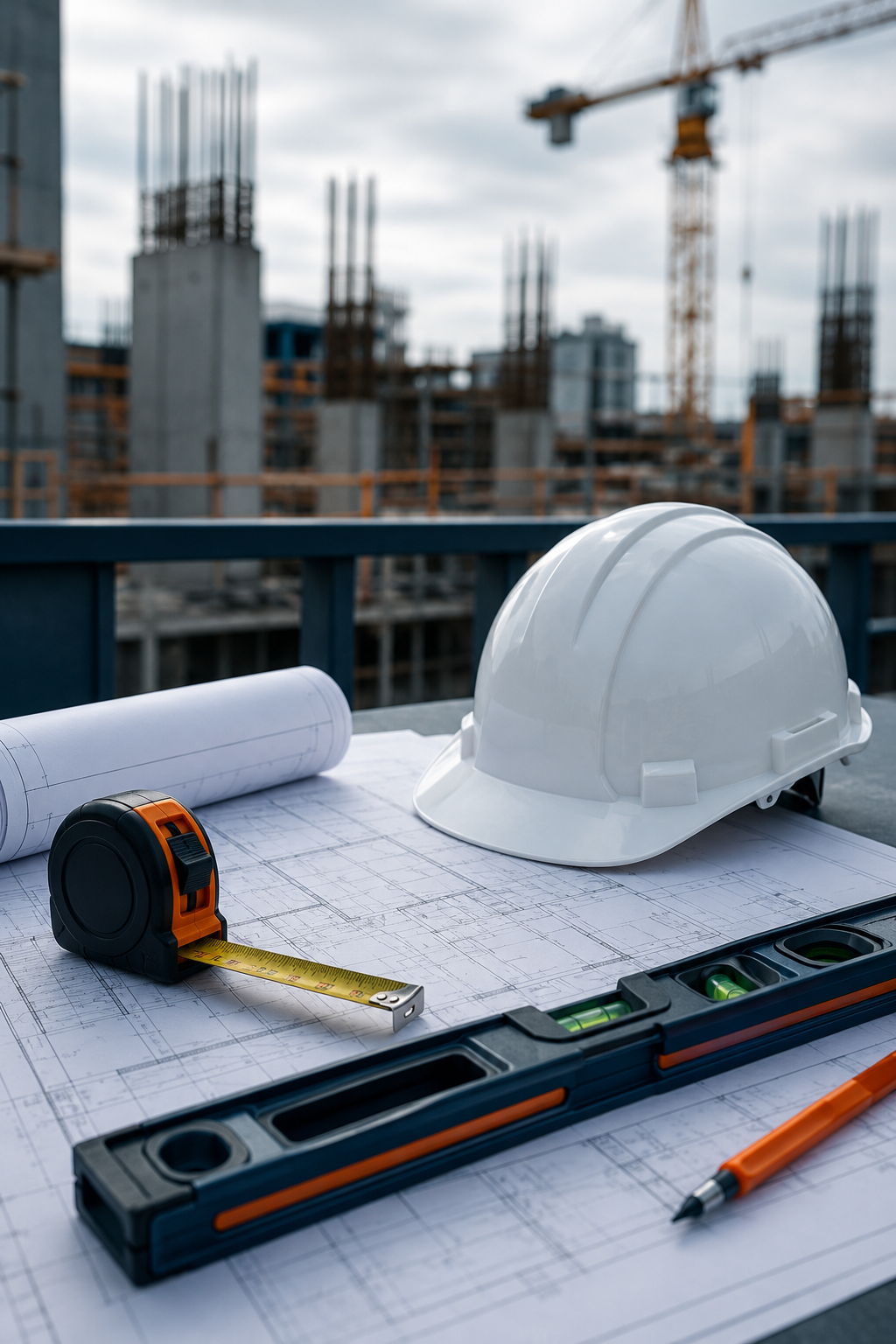 Bauhelm, Maßband und Wasserwaage auf Bauplänen vor einer Baustelle